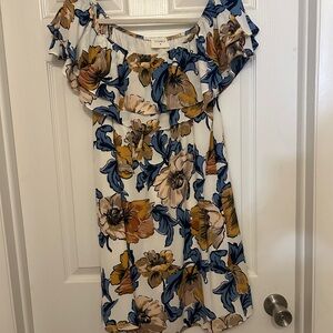 Everly Muted Blue and Ivory Ruffled Off-the-Shoulder Mini Dress - M